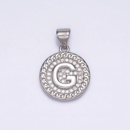 White Gold Filled Initial Letter A-Z Micro Paved Curb Link Round Coin Pendant | A-455-A-467