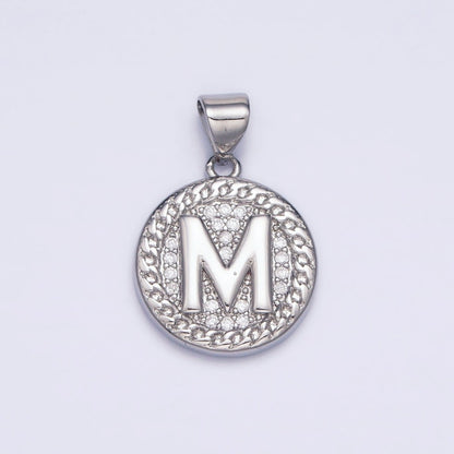 White Gold Filled Initial Letter A-Z Micro Paved Curb Link Round Coin Pendant | A-455-A-467