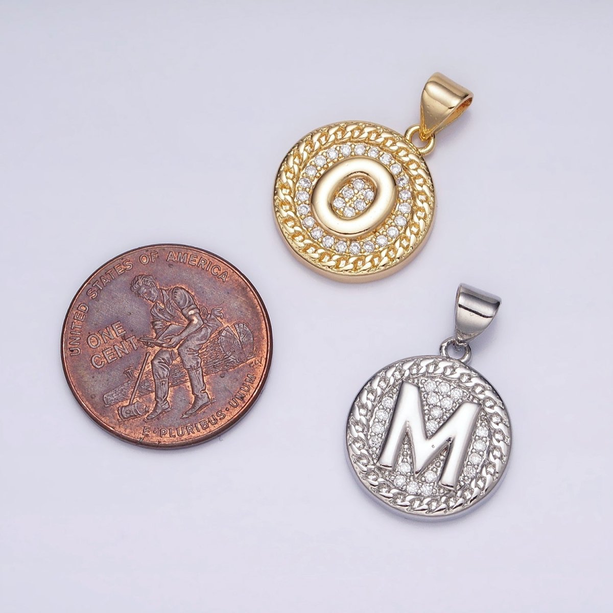 White Gold Filled Initial Letter A-Z Micro Paved Curb Link Round Coin Pendant | A-455-A-467