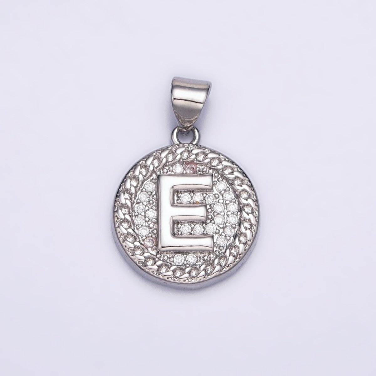 White Gold Filled Initial Letter A-Z Micro Paved Curb Link Round Coin Pendant | A-455-A-467