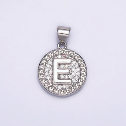 White Gold Filled Initial Letter A-Z Micro Paved Curb Link Round Coin Pendant | A-455-A-467
