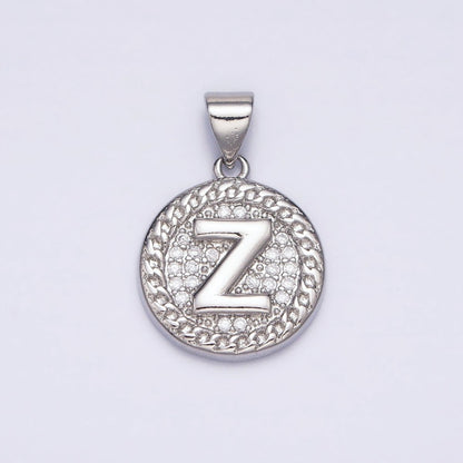 White Gold Filled Initial Letter A-Z Micro Paved Curb Link Round Coin Pendant | A-455-A-467