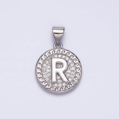 White Gold Filled Initial Letter A-Z Micro Paved Curb Link Round Coin Pendant | A-455-A-467
