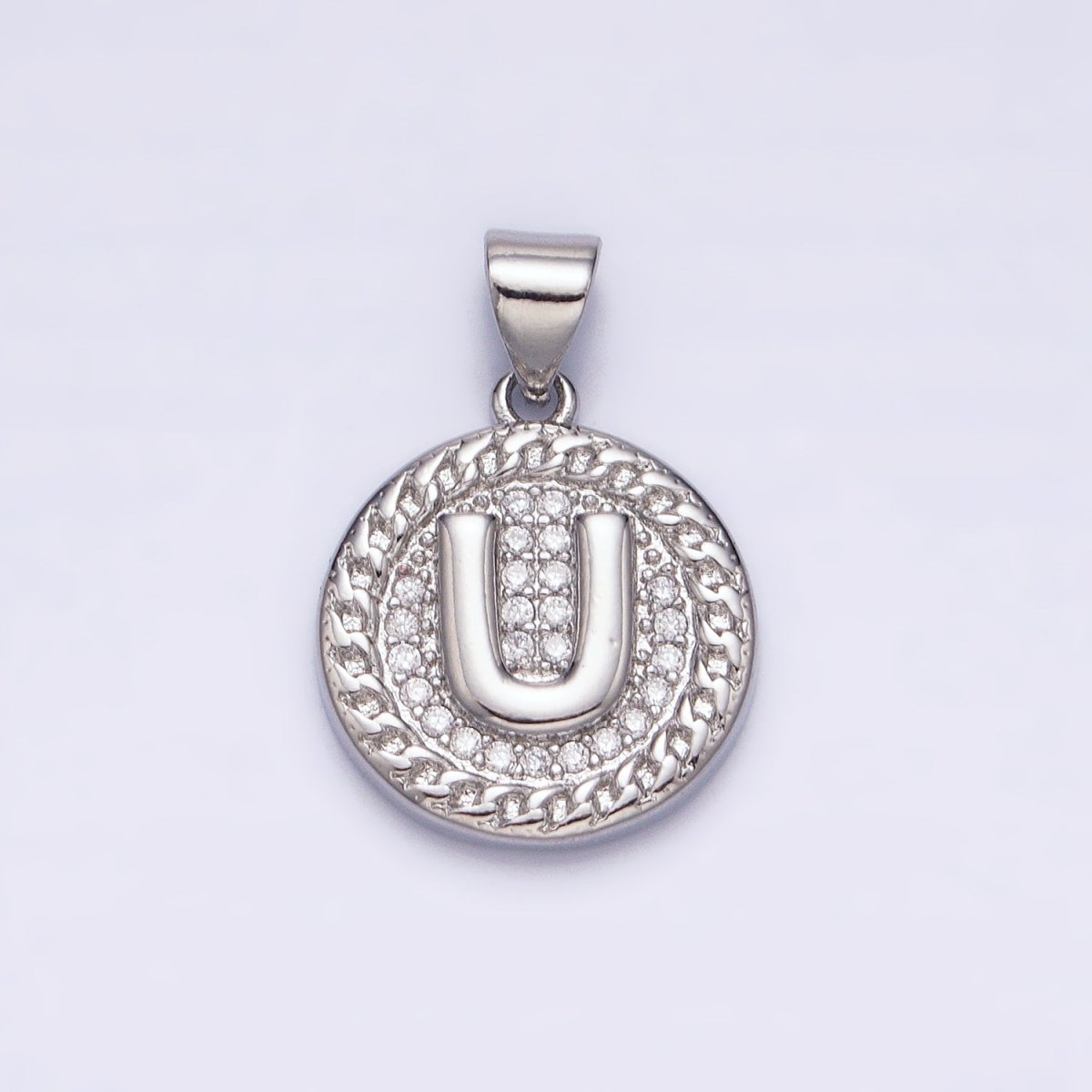 White Gold Filled Initial Letter A-Z Micro Paved Curb Link Round Coin Pendant | A-455-A-467