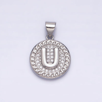 White Gold Filled Initial Letter A-Z Micro Paved Curb Link Round Coin Pendant | A-455-A-467