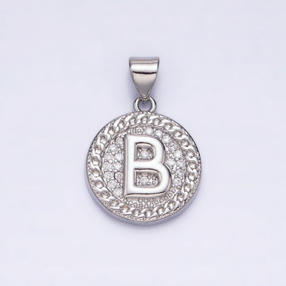 White Gold Filled Initial Letter A-Z Micro Paved Curb Link Round Coin Pendant | A-455-A-467