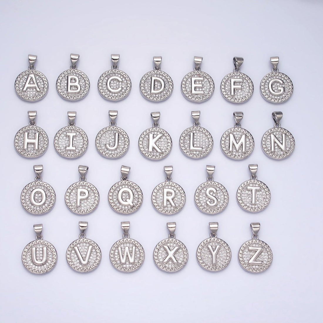 White Gold Filled Initial Letter A-Z Micro Paved Curb Link Round Coin Pendant | A-455-A-467