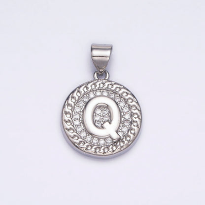 White Gold Filled Initial Letter A-Z Micro Paved Curb Link Round Coin Pendant | A-455-A-467