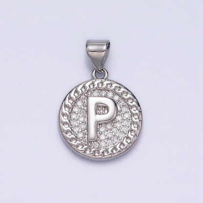White Gold Filled Initial Letter A-Z Micro Paved Curb Link Round Coin Pendant | A-455-A-467