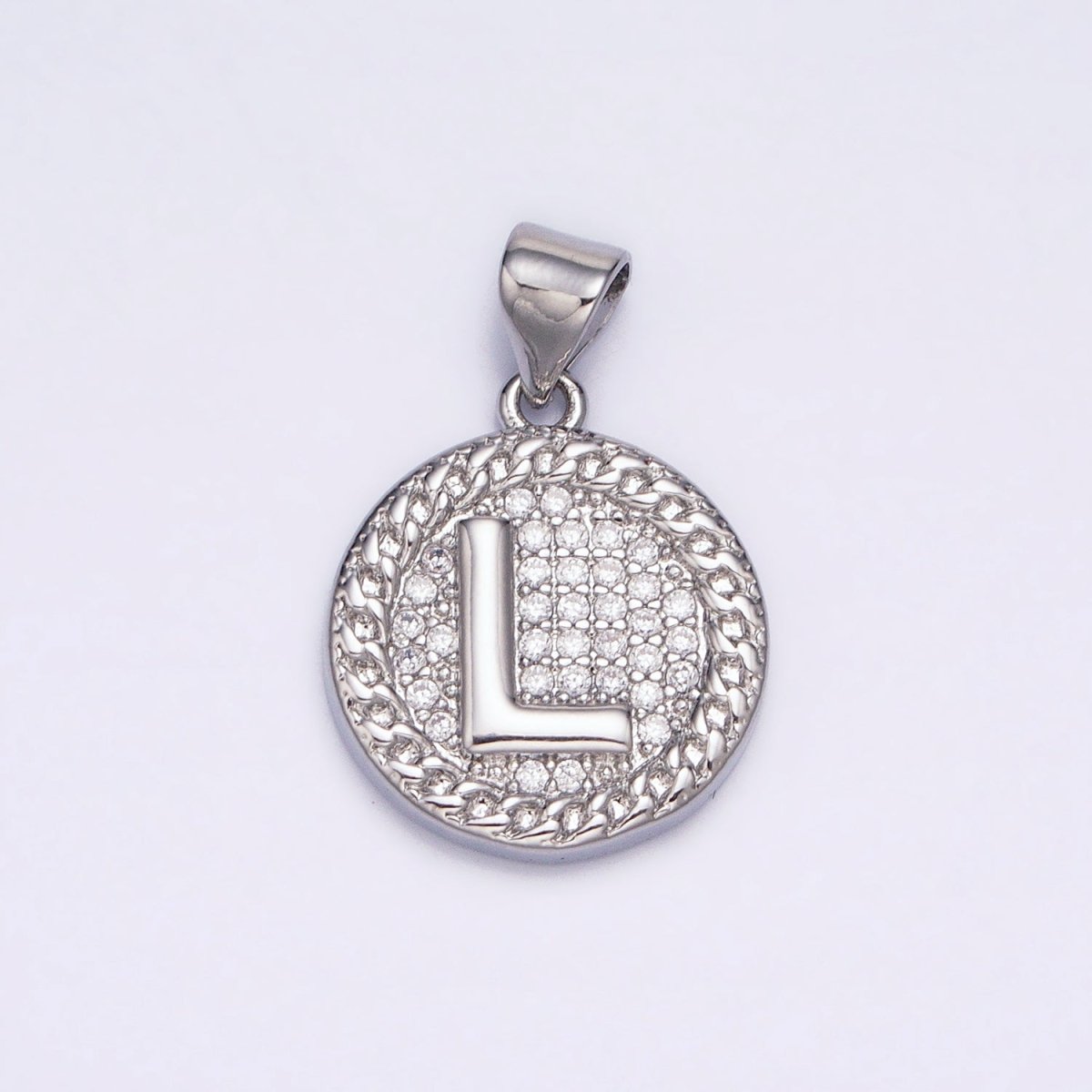 White Gold Filled Initial Letter A-Z Micro Paved Curb Link Round Coin Pendant | A-455-A-467