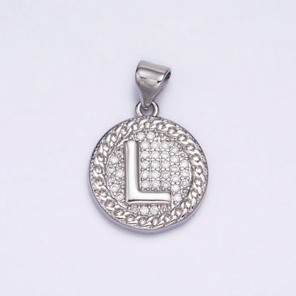 White Gold Filled Initial Letter A-Z Micro Paved Curb Link Round Coin Pendant | A-455-A-467