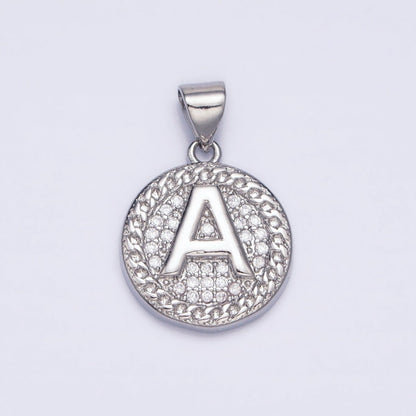 White Gold Filled Initial Letter A-Z Micro Paved Curb Link Round Coin Pendant | A-455-A-467
