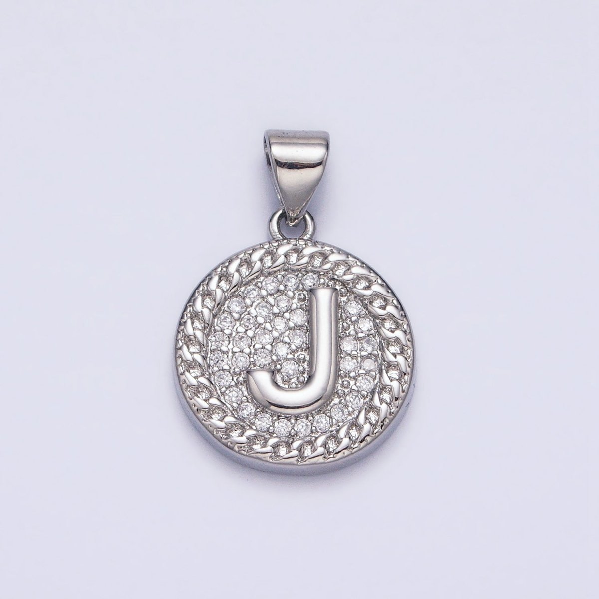 White Gold Filled Initial Letter A-Z Micro Paved Curb Link Round Coin Pendant | A-455-A-467