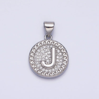 White Gold Filled Initial Letter A-Z Micro Paved Curb Link Round Coin Pendant | A-455-A-467