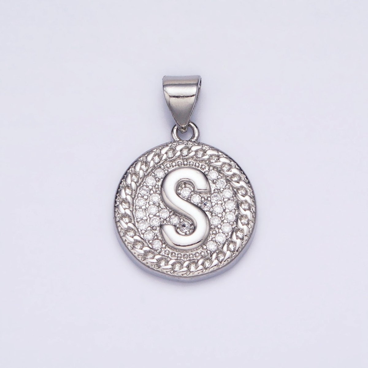 White Gold Filled Initial Letter A-Z Micro Paved Curb Link Round Coin Pendant | A-455-A-467