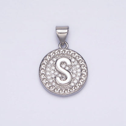 White Gold Filled Initial Letter A-Z Micro Paved Curb Link Round Coin Pendant | A-455-A-467
