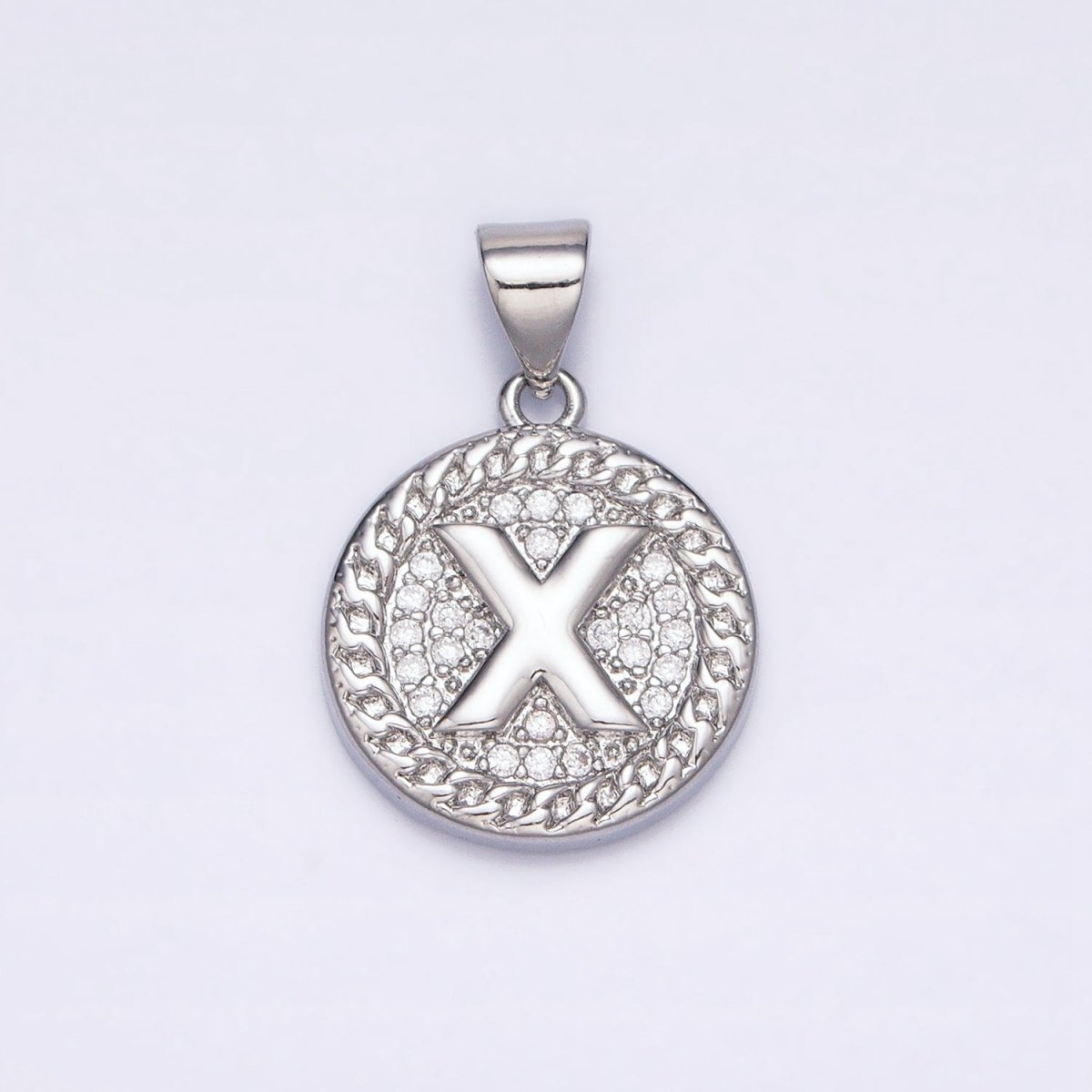 White Gold Filled Initial Letter A-Z Micro Paved Curb Link Round Coin Pendant | A-455-A-467