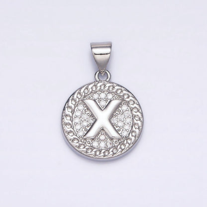 White Gold Filled Initial Letter A-Z Micro Paved Curb Link Round Coin Pendant | A-455-A-467