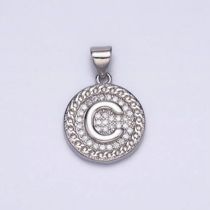 White Gold Filled Initial Letter A-Z Micro Paved Curb Link Round Coin Pendant | A-455-A-467