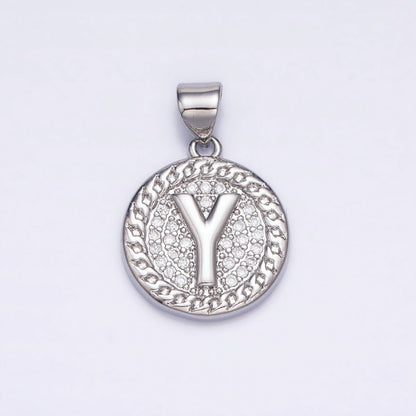 White Gold Filled Initial Letter A-Z Micro Paved Curb Link Round Coin Pendant | A-455-A-467