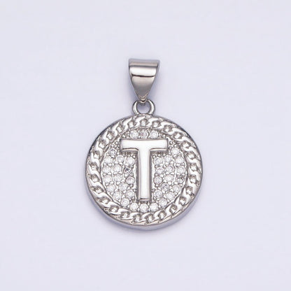White Gold Filled Initial Letter A-Z Micro Paved Curb Link Round Coin Pendant | A-455-A-467
