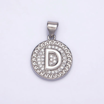 White Gold Filled Initial Letter A-Z Micro Paved Curb Link Round Coin Pendant | A-455-A-467
