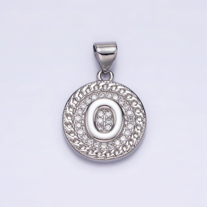 White Gold Filled Initial Letter A-Z Micro Paved Curb Link Round Coin Pendant | A-455-A-467