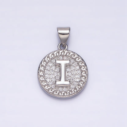 White Gold Filled Initial Letter A-Z Micro Paved Curb Link Round Coin Pendant | A-455-A-467
