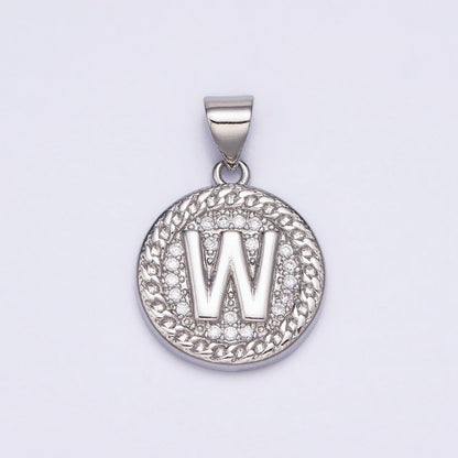 White Gold Filled Initial Letter A-Z Micro Paved Curb Link Round Coin Pendant | A-455-A-467
