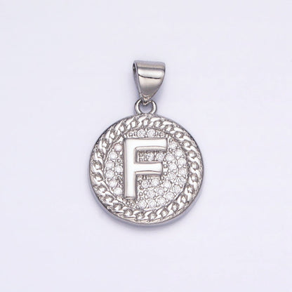 White Gold Filled Initial Letter A-Z Micro Paved Curb Link Round Coin Pendant | A-455-A-467