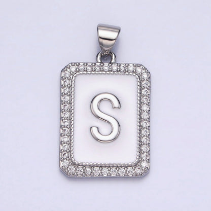 White Gold Filled Initial Letter A-Z White Enamel Micro Paved CZ Personalized Tag Pendant | A-559-A-571