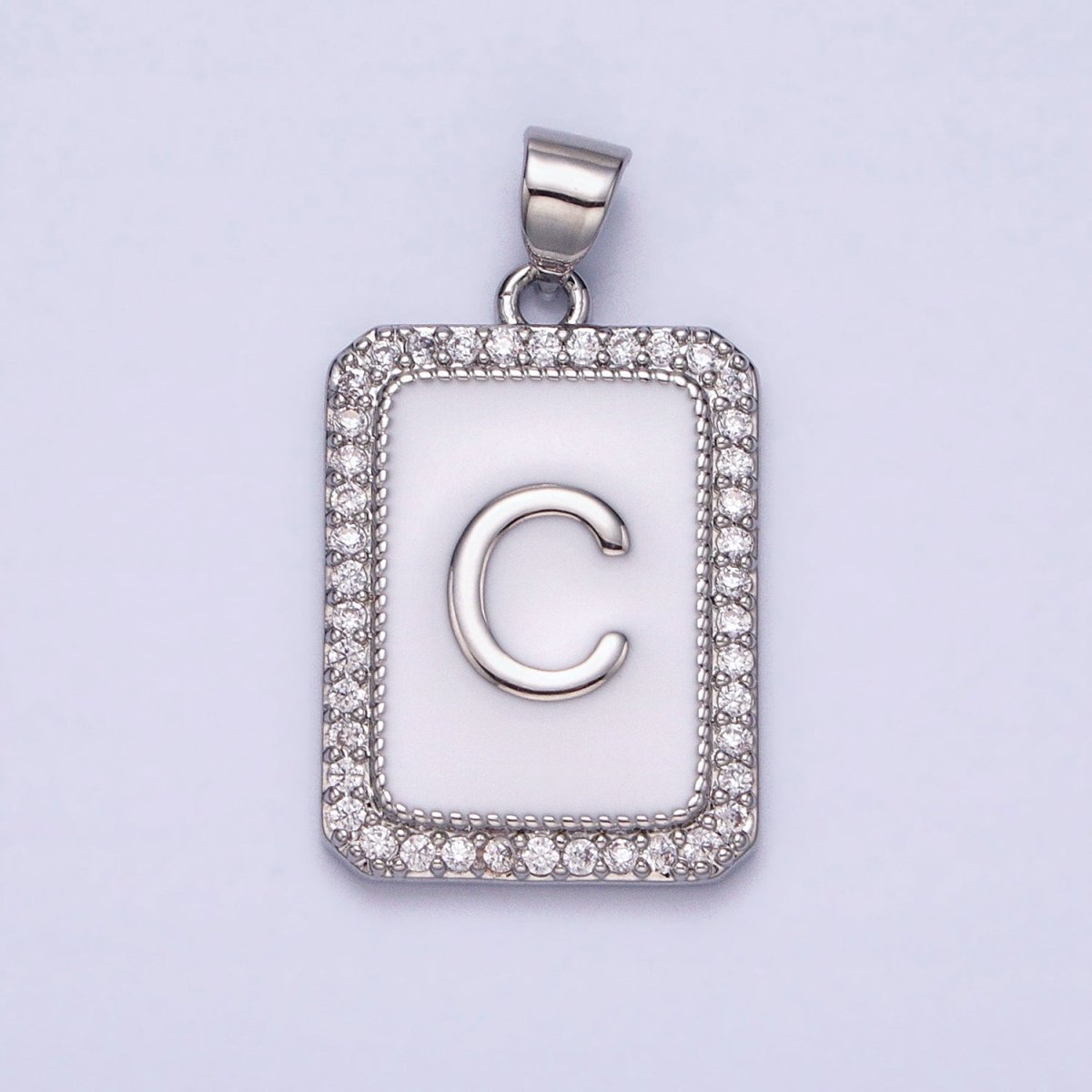 White Gold Filled Initial Letter A-Z White Enamel Micro Paved CZ Personalized Tag Pendant | A-559-A-571
