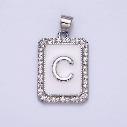 White Gold Filled Initial Letter A-Z White Enamel Micro Paved CZ Personalized Tag Pendant | A-559-A-571