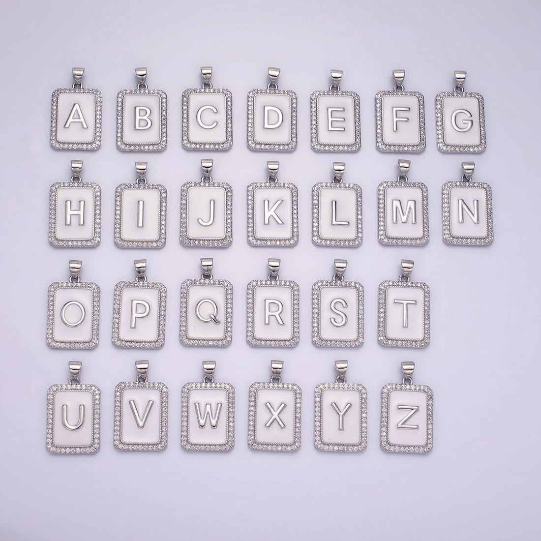 White Gold Filled Initial Letter A-Z White Enamel Micro Paved CZ Personalized Tag Pendant | A-559-A-571
