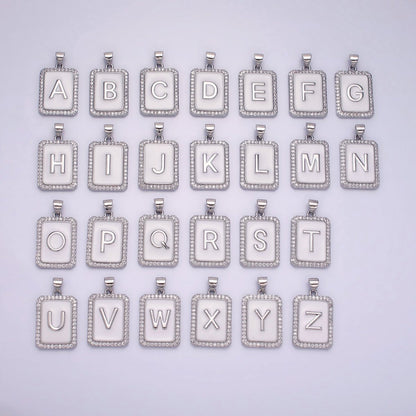 White Gold Filled Initial Letter A-Z White Enamel Micro Paved CZ Personalized Tag Pendant | A-559-A-571