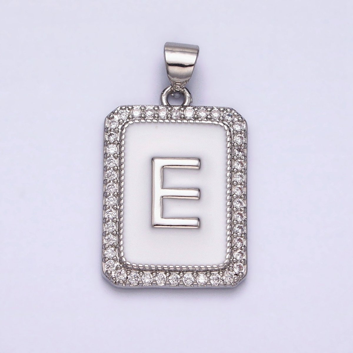 White Gold Filled Initial Letter A-Z White Enamel Micro Paved CZ Personalized Tag Pendant | A-559-A-571