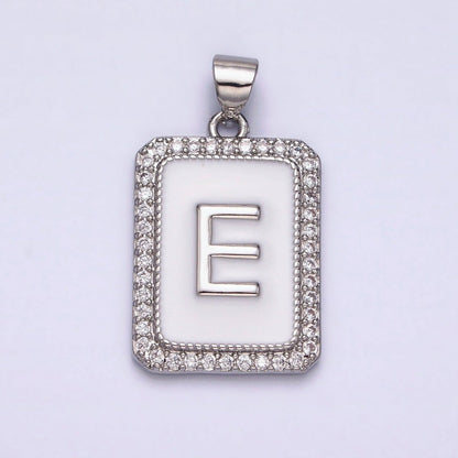 White Gold Filled Initial Letter A-Z White Enamel Micro Paved CZ Personalized Tag Pendant | A-559-A-571