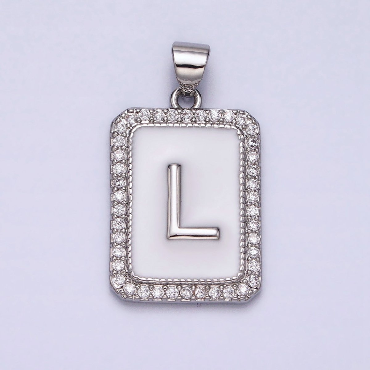 White Gold Filled Initial Letter A-Z White Enamel Micro Paved CZ Personalized Tag Pendant | A-559-A-571