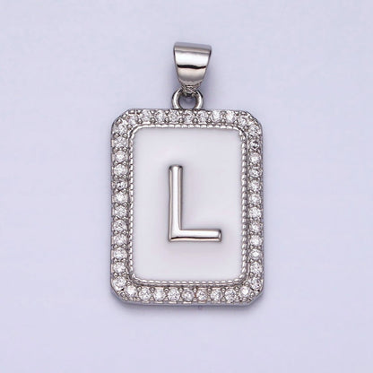 White Gold Filled Initial Letter A-Z White Enamel Micro Paved CZ Personalized Tag Pendant | A-559-A-571