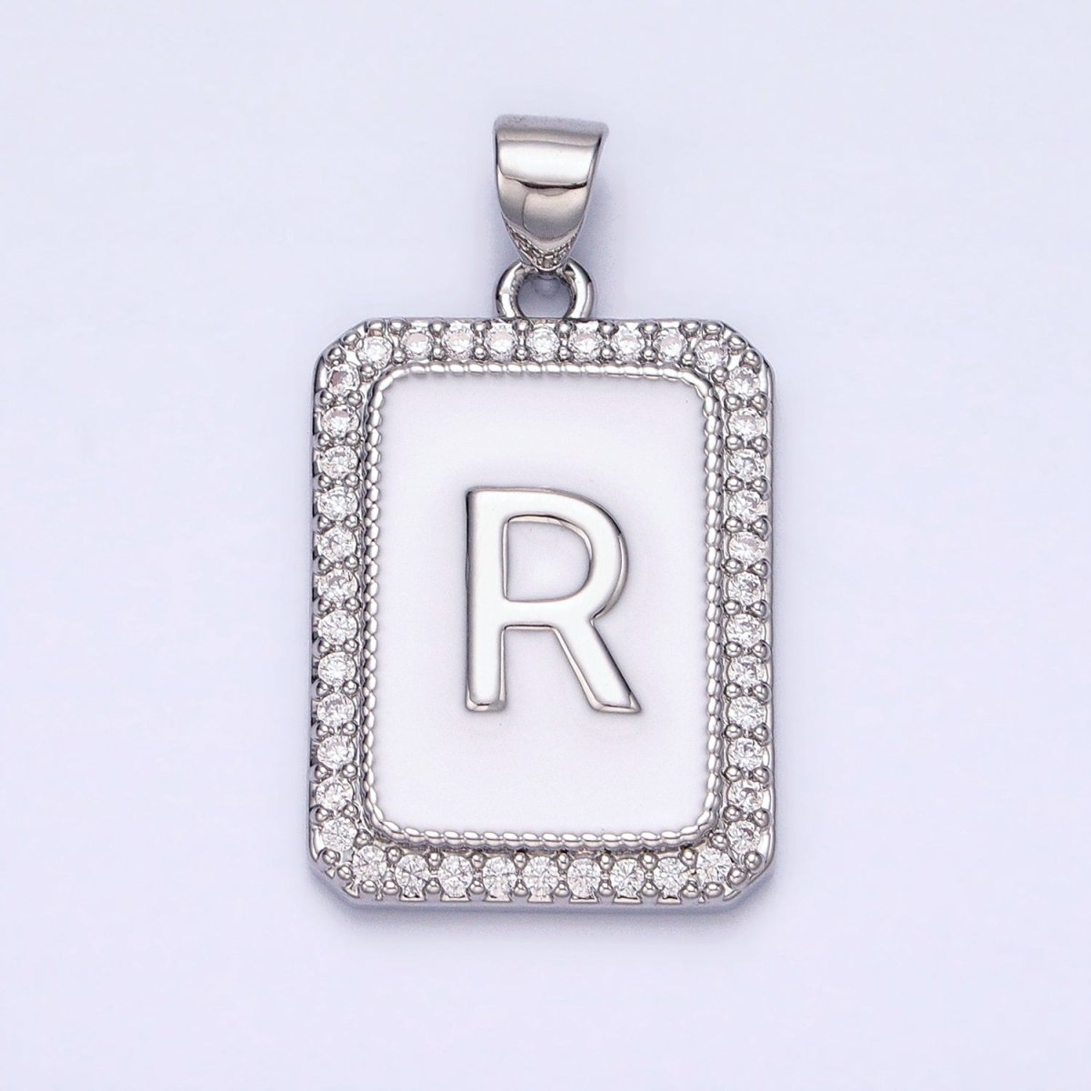 White Gold Filled Initial Letter A-Z White Enamel Micro Paved CZ Personalized Tag Pendant | A-559-A-571