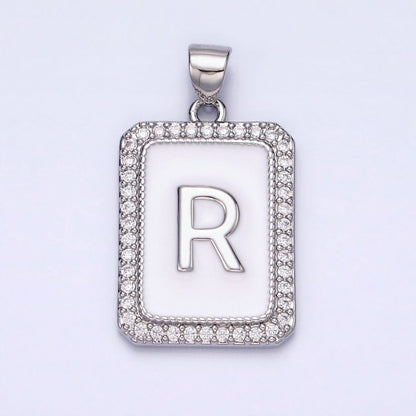 White Gold Filled Initial Letter A-Z White Enamel Micro Paved CZ Personalized Tag Pendant | A-559-A-571