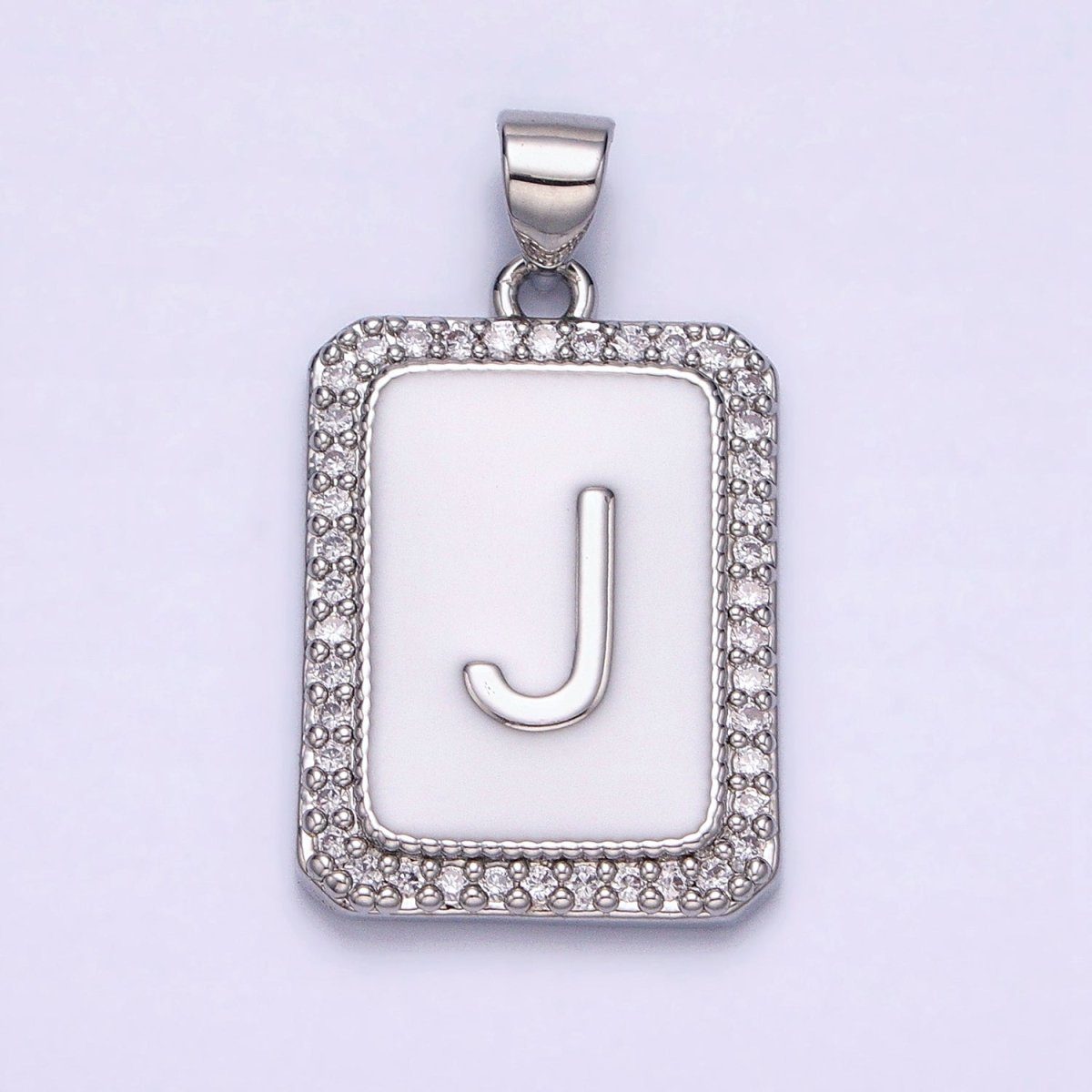 White Gold Filled Initial Letter A-Z White Enamel Micro Paved CZ Personalized Tag Pendant | A-559-A-571