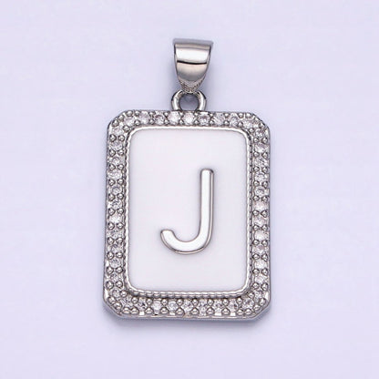 White Gold Filled Initial Letter A-Z White Enamel Micro Paved CZ Personalized Tag Pendant | A-559-A-571
