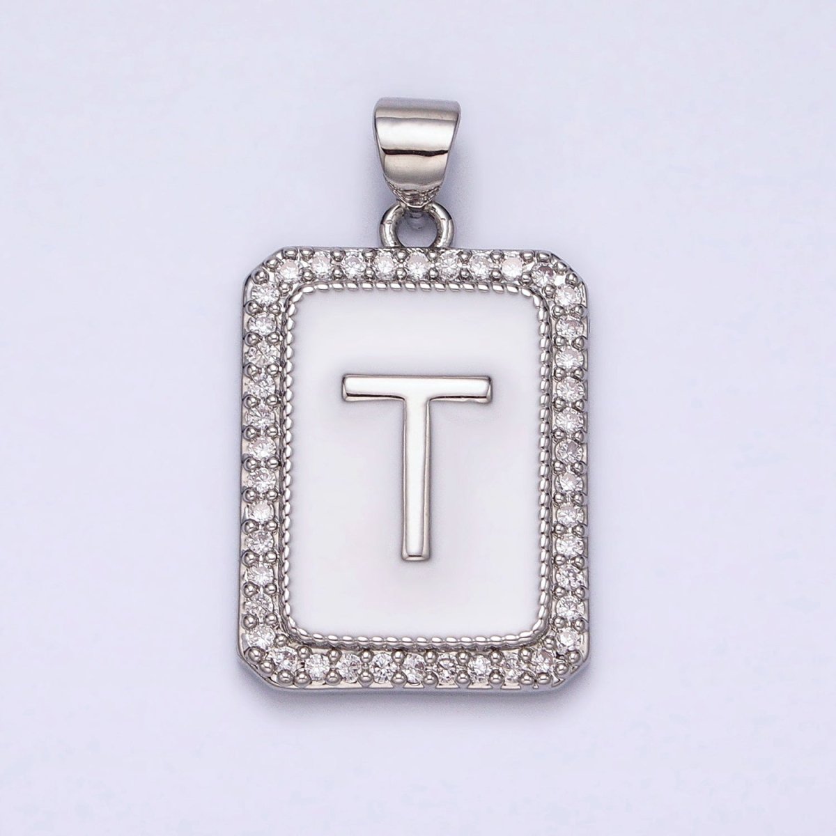 White Gold Filled Initial Letter A-Z White Enamel Micro Paved CZ Personalized Tag Pendant | A-559-A-571