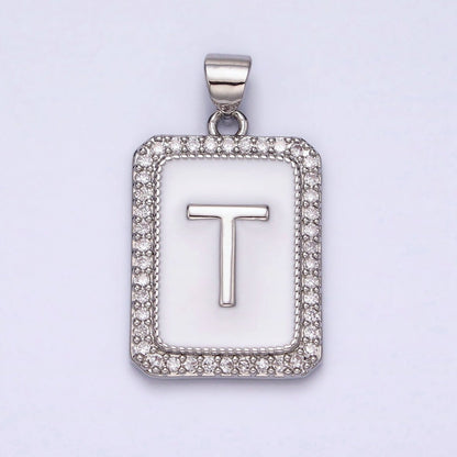 White Gold Filled Initial Letter A-Z White Enamel Micro Paved CZ Personalized Tag Pendant | A-559-A-571