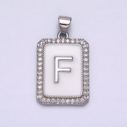 White Gold Filled Initial Letter A-Z White Enamel Micro Paved CZ Personalized Tag Pendant | A-559-A-571