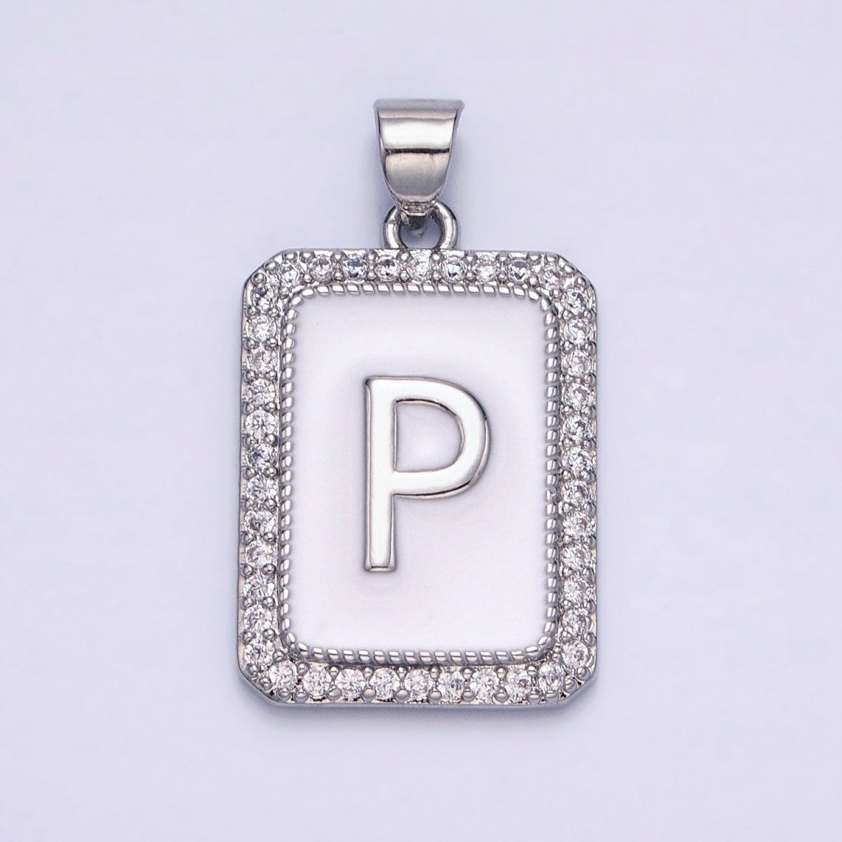 White Gold Filled Initial Letter A-Z White Enamel Micro Paved CZ Personalized Tag Pendant | A-559-A-571