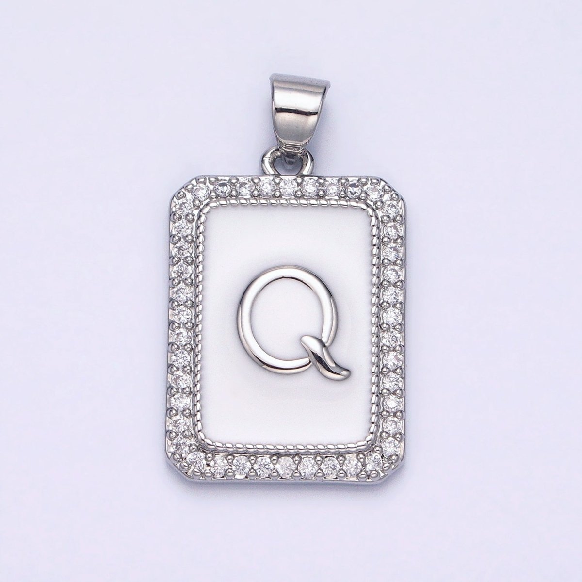 White Gold Filled Initial Letter A-Z White Enamel Micro Paved CZ Personalized Tag Pendant | A-559-A-571