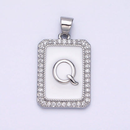 White Gold Filled Initial Letter A-Z White Enamel Micro Paved CZ Personalized Tag Pendant | A-559-A-571