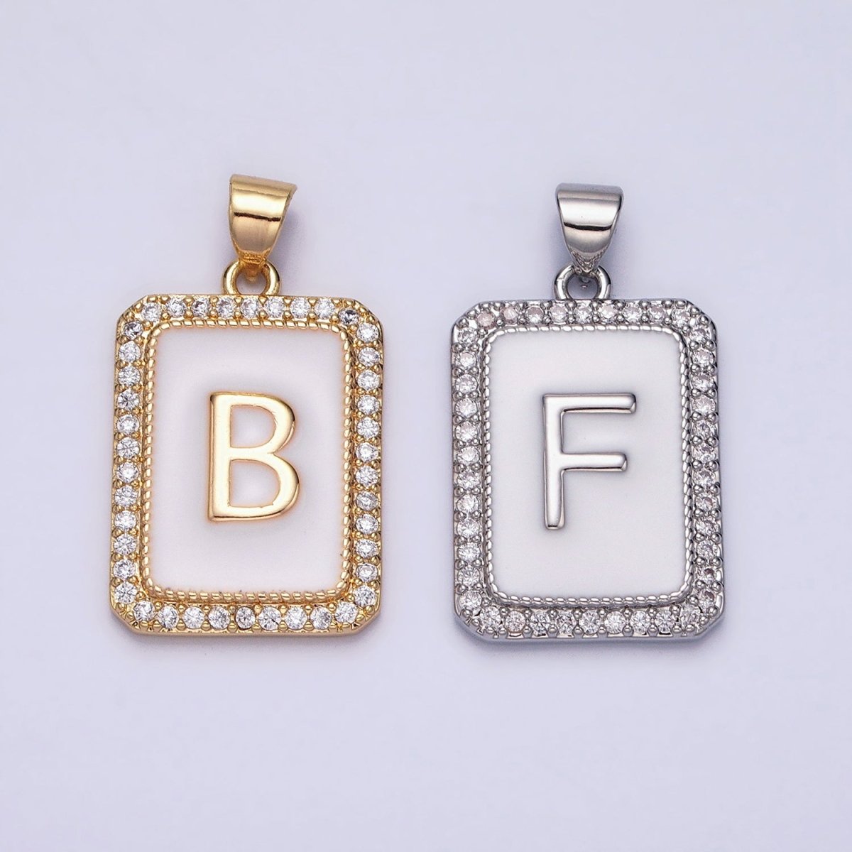White Gold Filled Initial Letter A-Z White Enamel Micro Paved CZ Personalized Tag Pendant | A-559-A-571